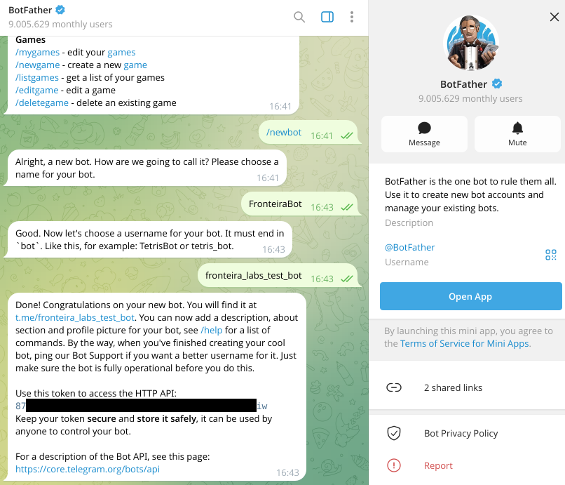 Ao final do processo, o BotFather exibe o token de acesso do bot. Copie e guarde esse token com atenção — ele será necessário na etapa de configuração do OpenClaw.