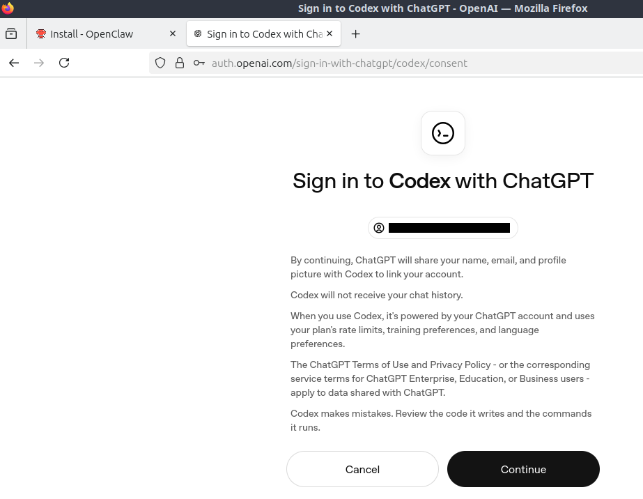 A autenticação é feita diretamente pelo navegador, usando sua conta existente da OpenAI.