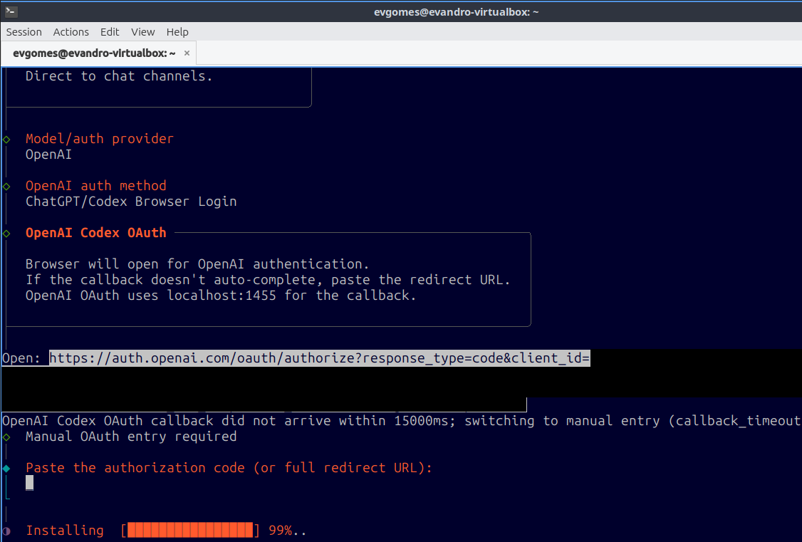 O instalador baixa e configura os componentes do OpenClaw automaticamente. O processo leva alguns instantes.