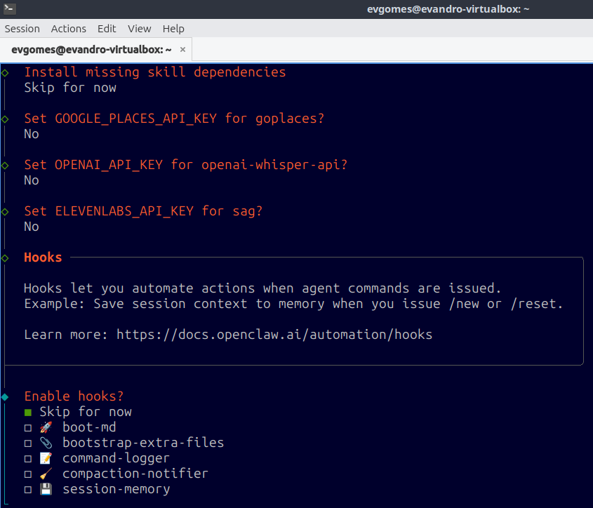 Hooks permitem automatizar comportamentos do agente. O hook session-memory, por exemplo, salva o contexto da sessão ao reiniciar. Para um primeiro teste, é seguro pular essa etapa.