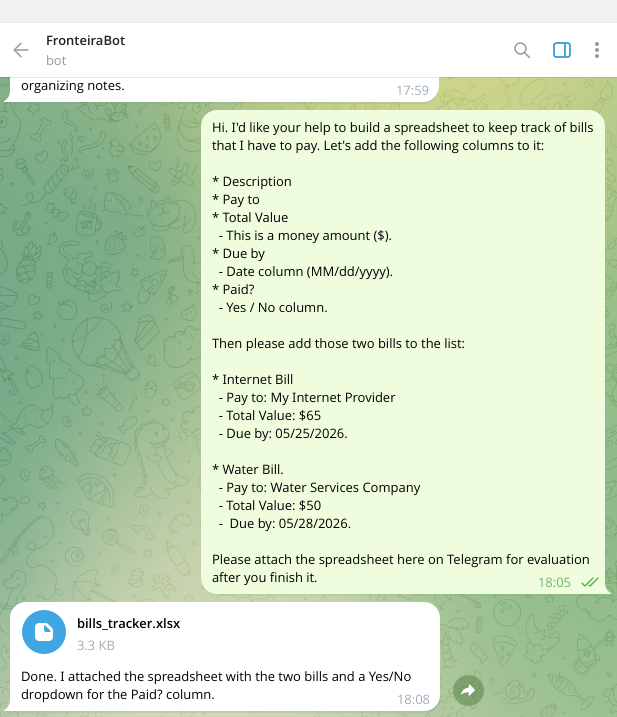 O agente recebeu o pedido pelo Telegram, criou a planilha no workspace e a enviou de volta como arquivo anexo diretamente na conversa.