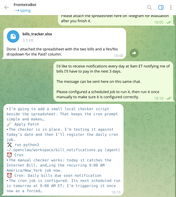 O OpenClaw exibe seu processo de raciocínio no chat: criou o script Python, testou contra a data atual, registrou o cron job e disparou uma execução manual para validar. Cada ação executada aparece com o respectivo ícone de ferramenta.