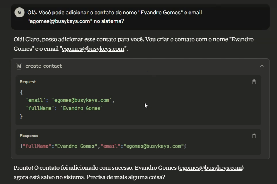  Exemplo de inclusão de contato usando o Claude. 